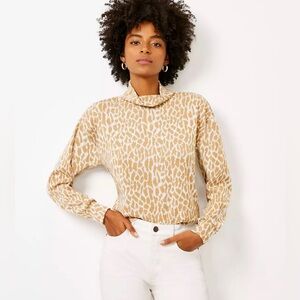 Ann Taylor Tan and Cream Animal Print Spotted Mock Neck Sweater